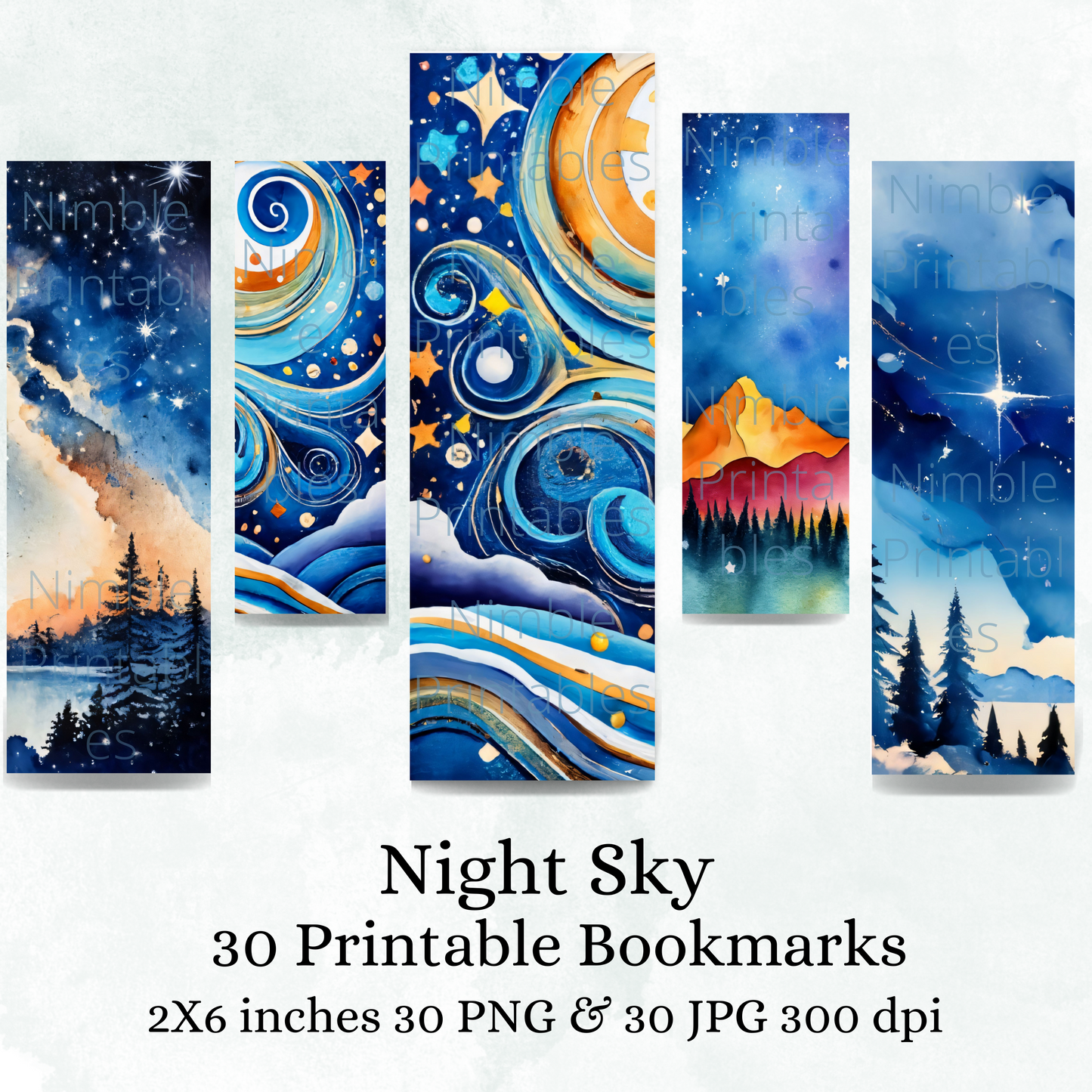 Printable Bookmarks Bundle Night Sky Theme, Digital Downloads, Watercolor bookmark, 30 PNG and JPG Bookmark Sublimation