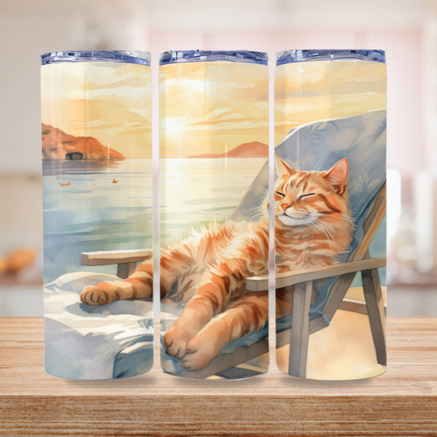Cat Tumbler Wrap, Beach Tumbler Wrap Sublimation Design 20 oz Skinny Tumbler Digital Download PNG Cute Cat PNG Beach PNG Orange Cat