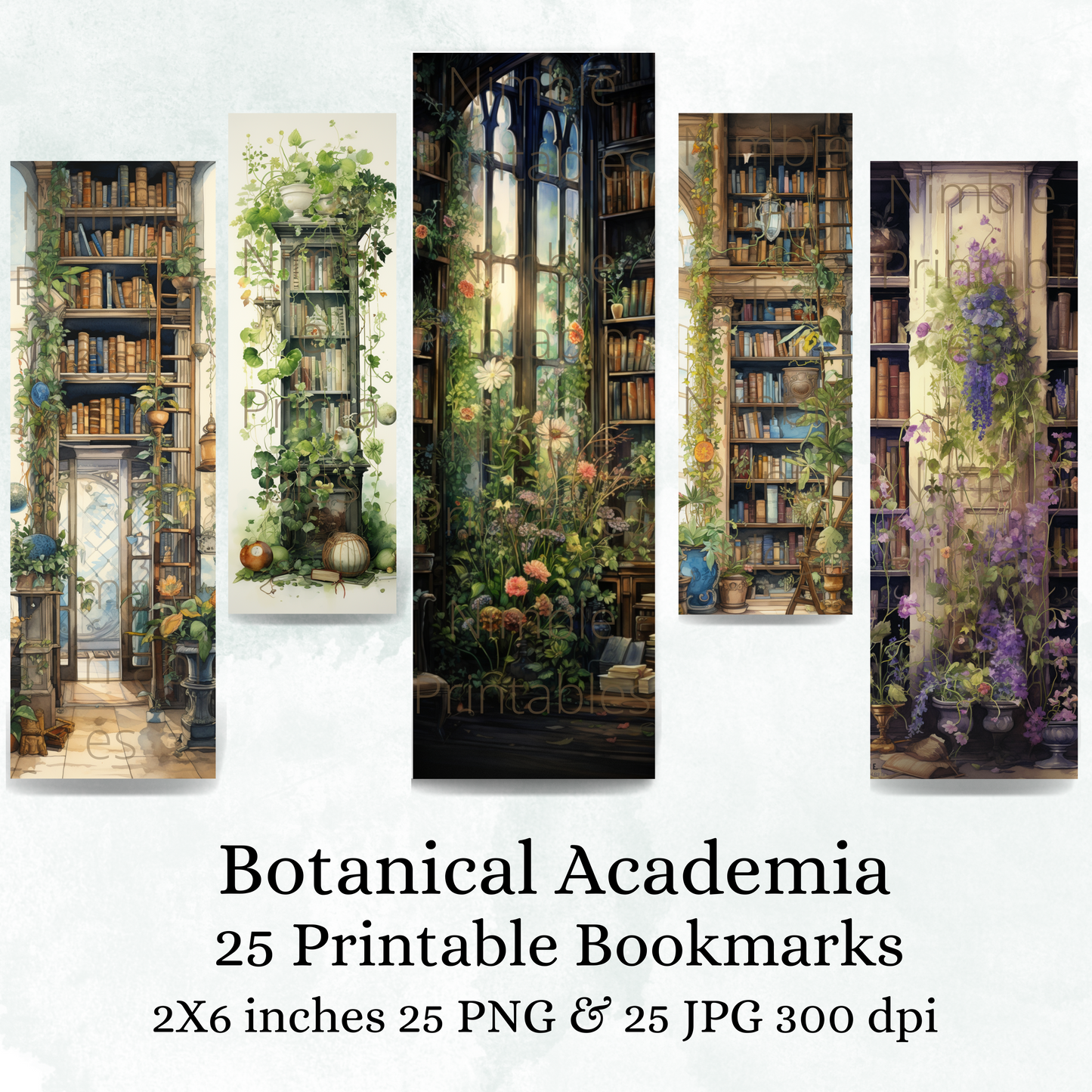 Printable Bookmarks Bundle Botanical Academia, Fantasy Bookmarks Digital Downloads, Watercolor Bookmark 25 PNG & 25 JPG Bookmark Sublimation