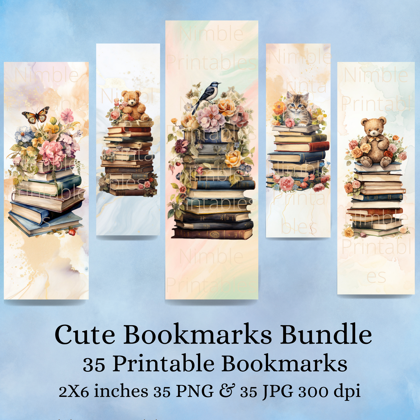 Cute Bookmarks Bundle, Printable Bookmarks, Digital Downloads, Watercolor Bookmark, 35 PNG and 35 JPG Bookmark Sublimation