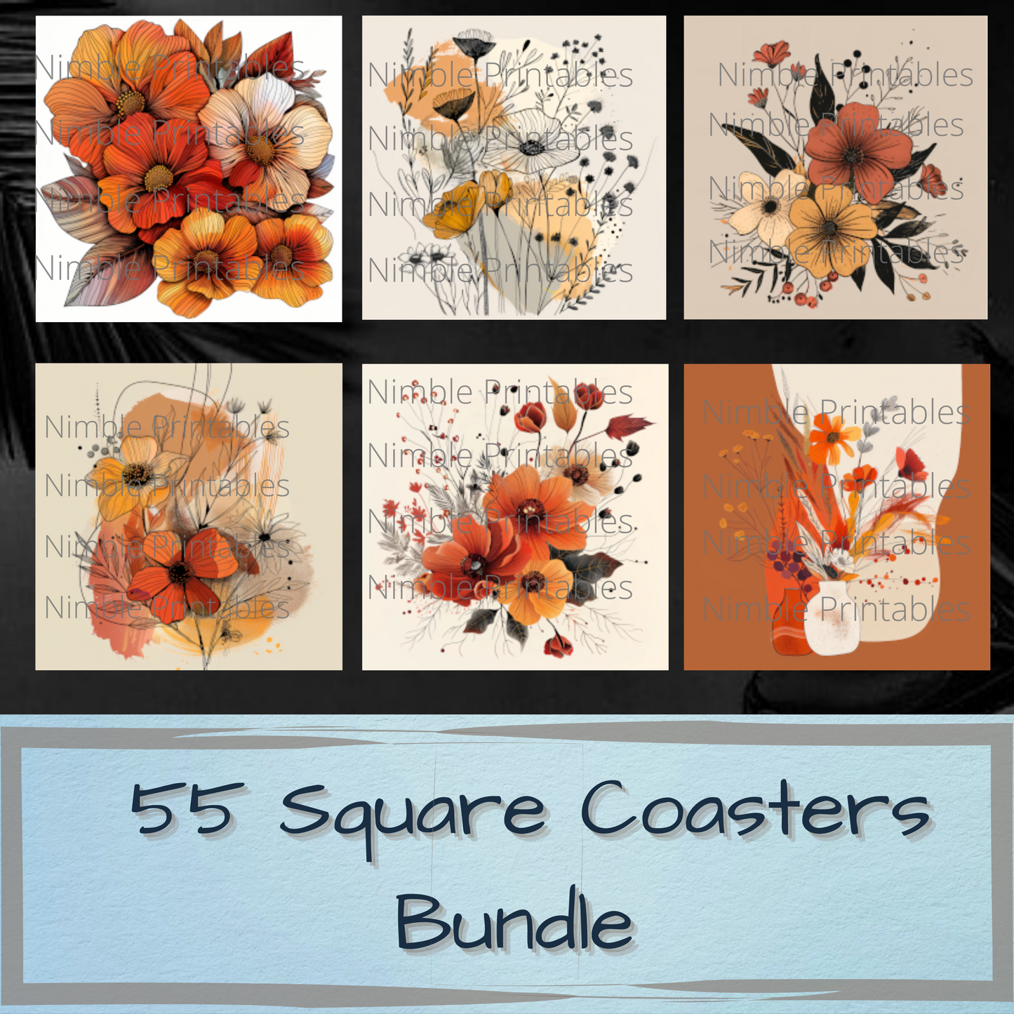 Autumn Boho Floral Square Coaster PNG, Coaster Bundle, Floral png, Boho PNG, Instant Downloads Sublimation Design