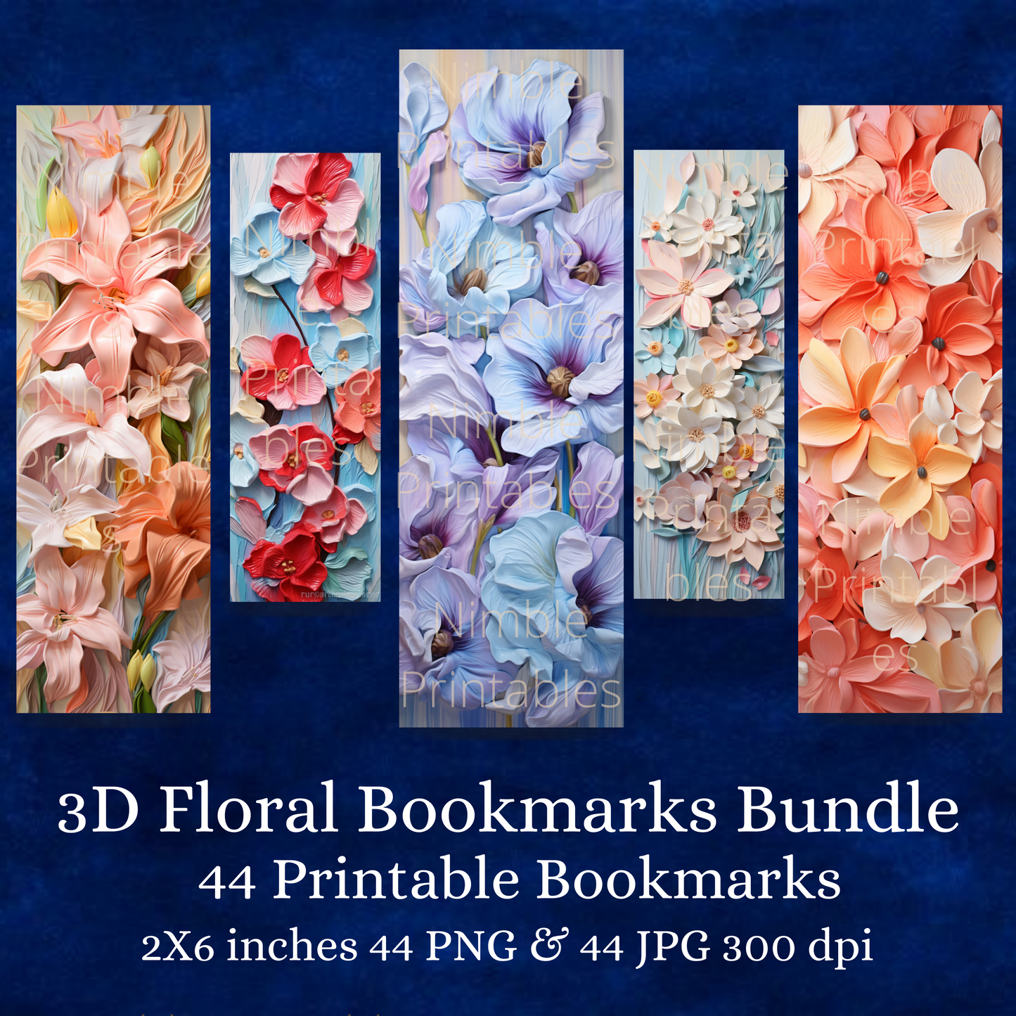 Printable Bookmarks Bundle 3D Floral Prints, Digital Downloads, Bookish Gifts, 44 PNG and 44 JPG Bookmark Sublimation