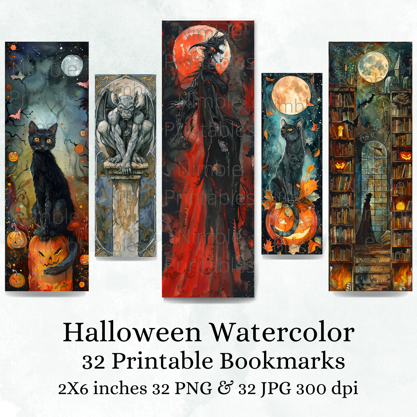 Printable Bookmarks Bundle Halloween Watercolor, Digital Downloads, 29 PNG and 29 JPG Bookmark Sublimation, Fantasy png, Dark Academia png