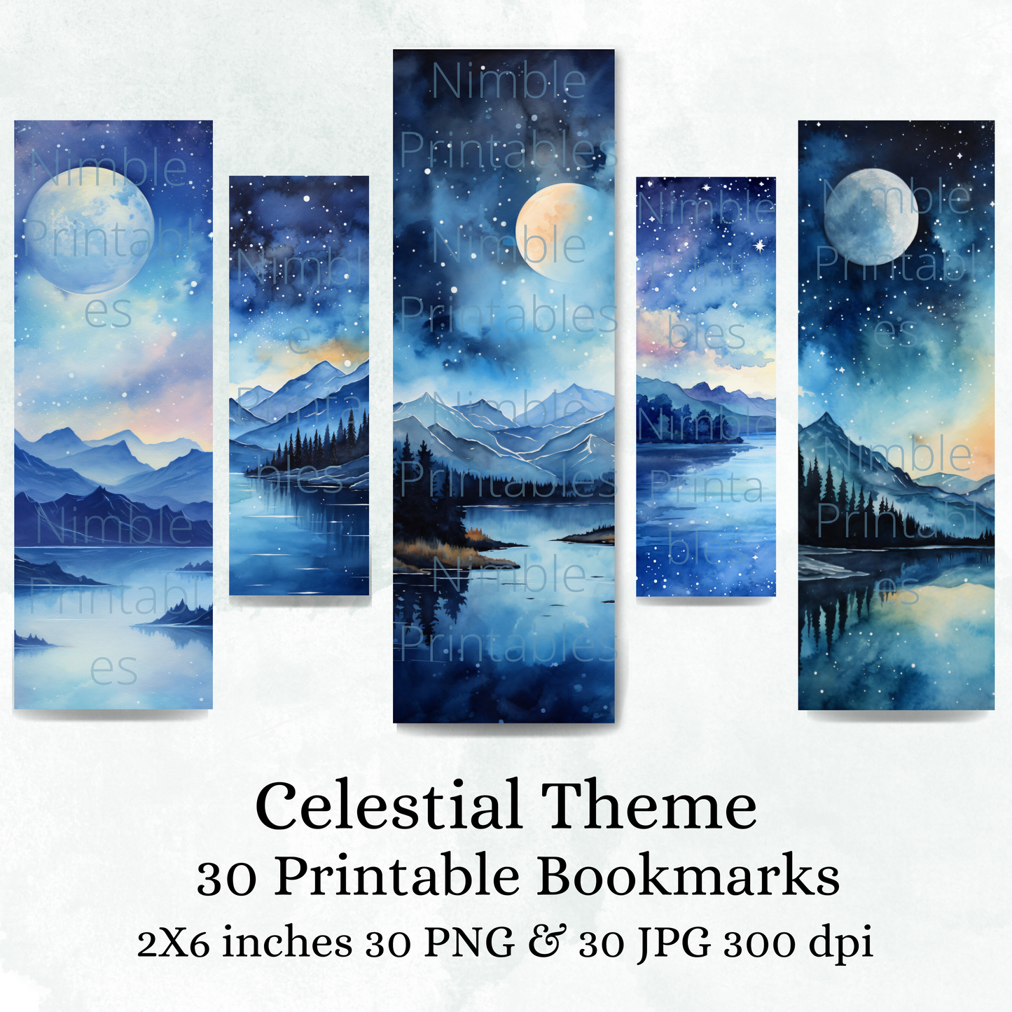 Printable Bookmarks Bundle Celestial Theme, Digital Downloads, Watercolor bookmark, 30 PNG and JPG Bookmark Sublimation