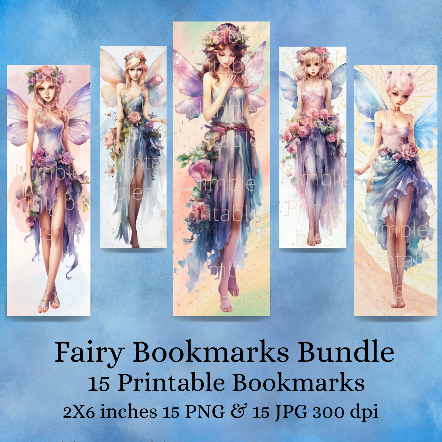 Fantasy Fairy Printable Bookmarks Bundle, Digital Downloads, Watercolor Bookmark, 15 PNG and 15 JPG Bookmark Sublimation Book Lover