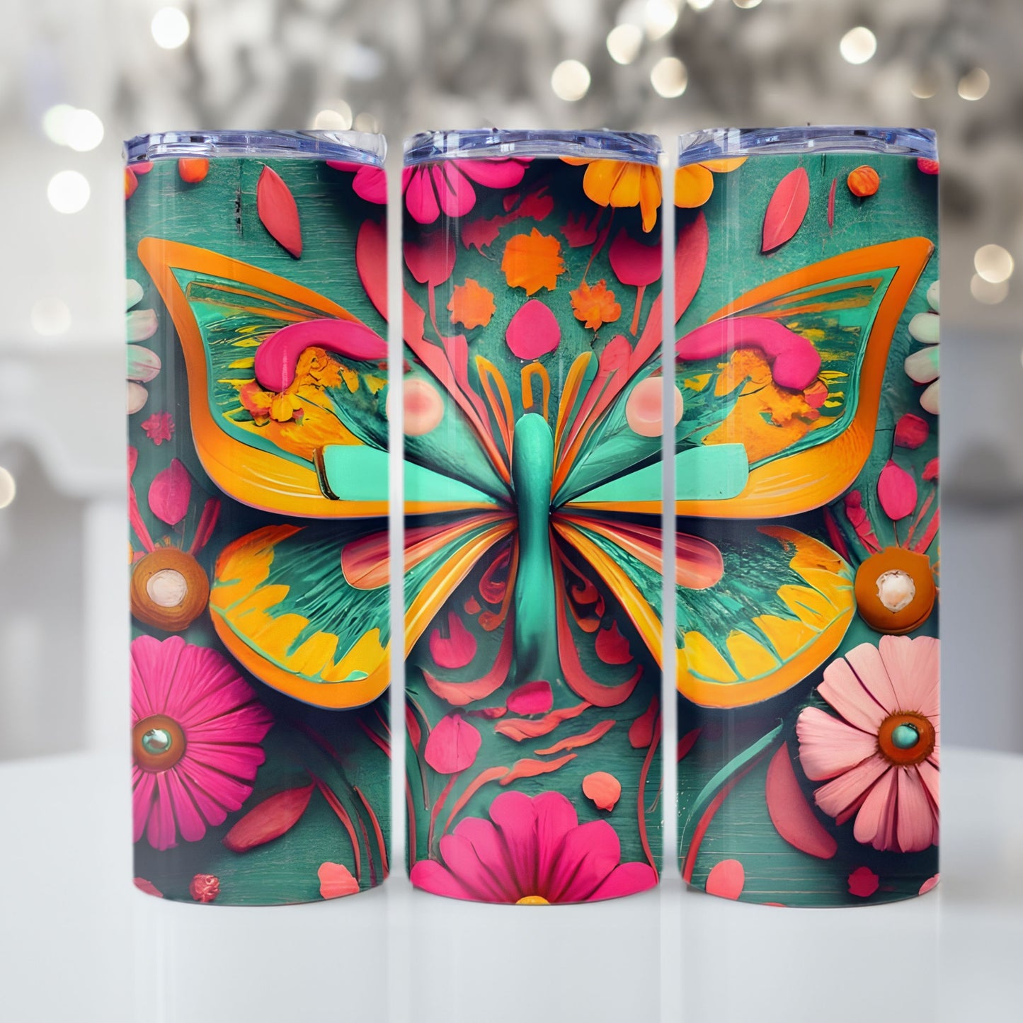 Butterfly Tumbler Wrap 3D Design Boho Pink and Teal Tumbler Sublimation 20oz Skinny Tumbler Digital Download PNG Straight Skinny Tumbler