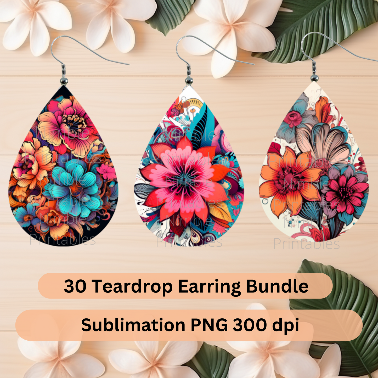 Teardrop Earring PNG Bundle 30 Boho Floral Earrings Teardrop Earring PNG Sublimation Earring Designs Digital Download Instant Download