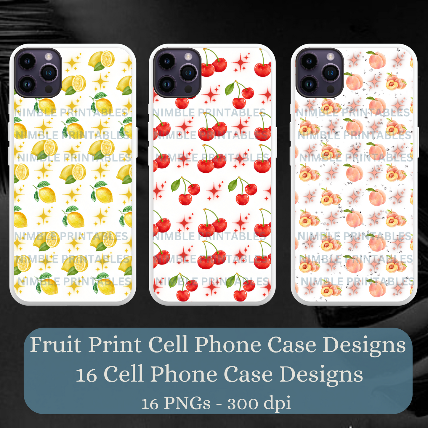 Fruit Print Sublimation Phone Case PNG, Phone Case Design Digital Download Cherry PNG, Passion Fruit PNG, Lemon png, Orange png, Glitter png