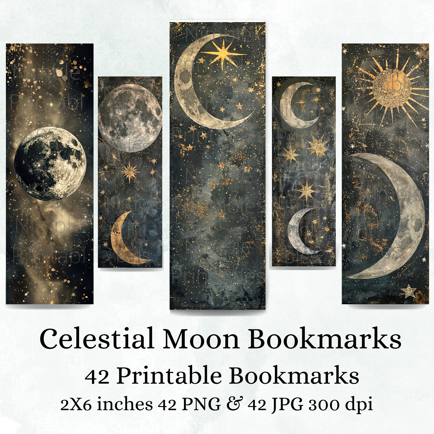 Printable Bookmarks Bundle Celestial Moon, Digital Downloads, Watercolor Bookmark, 42 PNG & 42 JPG Bookmark Sublimation, Star and Moon PNG