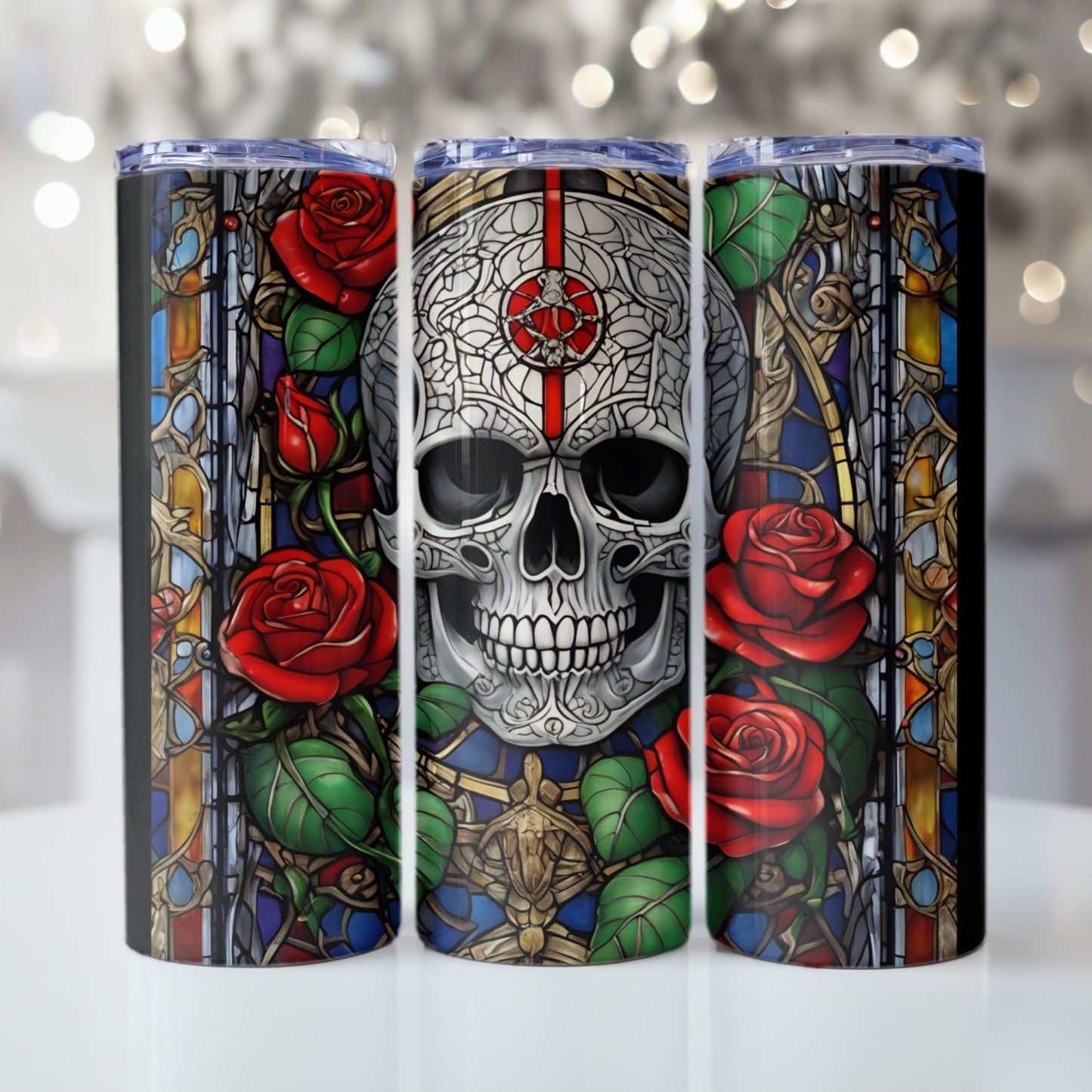 Skull With Roses Tumbler Wrap Stained Glass Tumbler Design Halloween PNG Stained Glass Skull Digital Download Gothic 20oz Skinny Tumbler