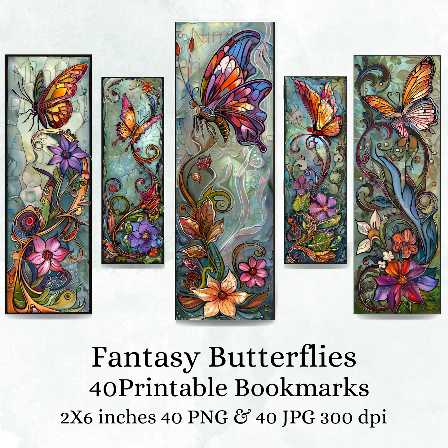 Printable Bookmarks Bundle Fantasy Butterflies, Digital Downloads, Stained Glass, 40 PNG and 40 JPG Bookmark Sublimation
