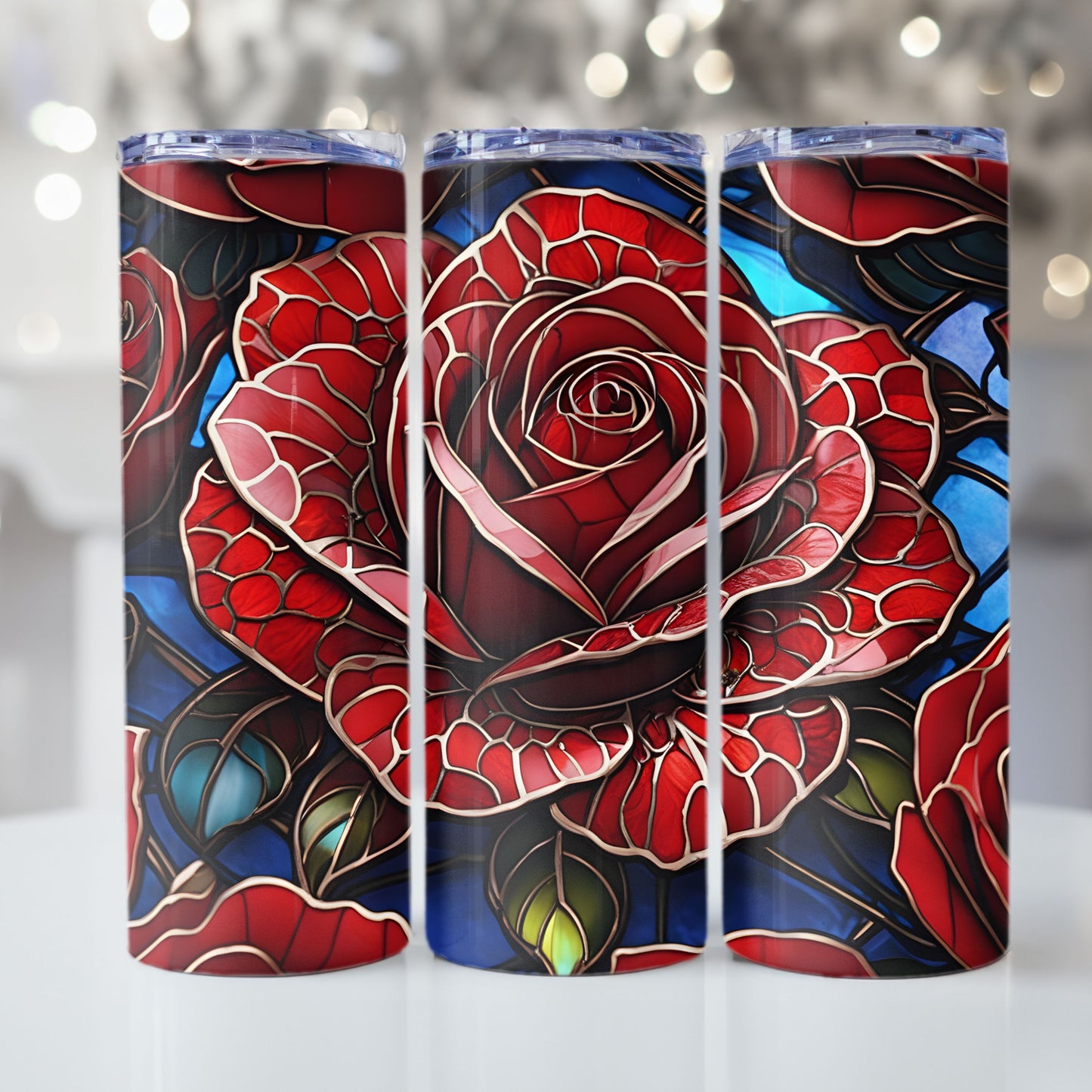 Rose Stained Glass Tumbler Wrap 20oz Skinny Tumbler Sublimation Design Digital Download PNG Tumbler Skinny Tumbler Red Rose Stained Glass