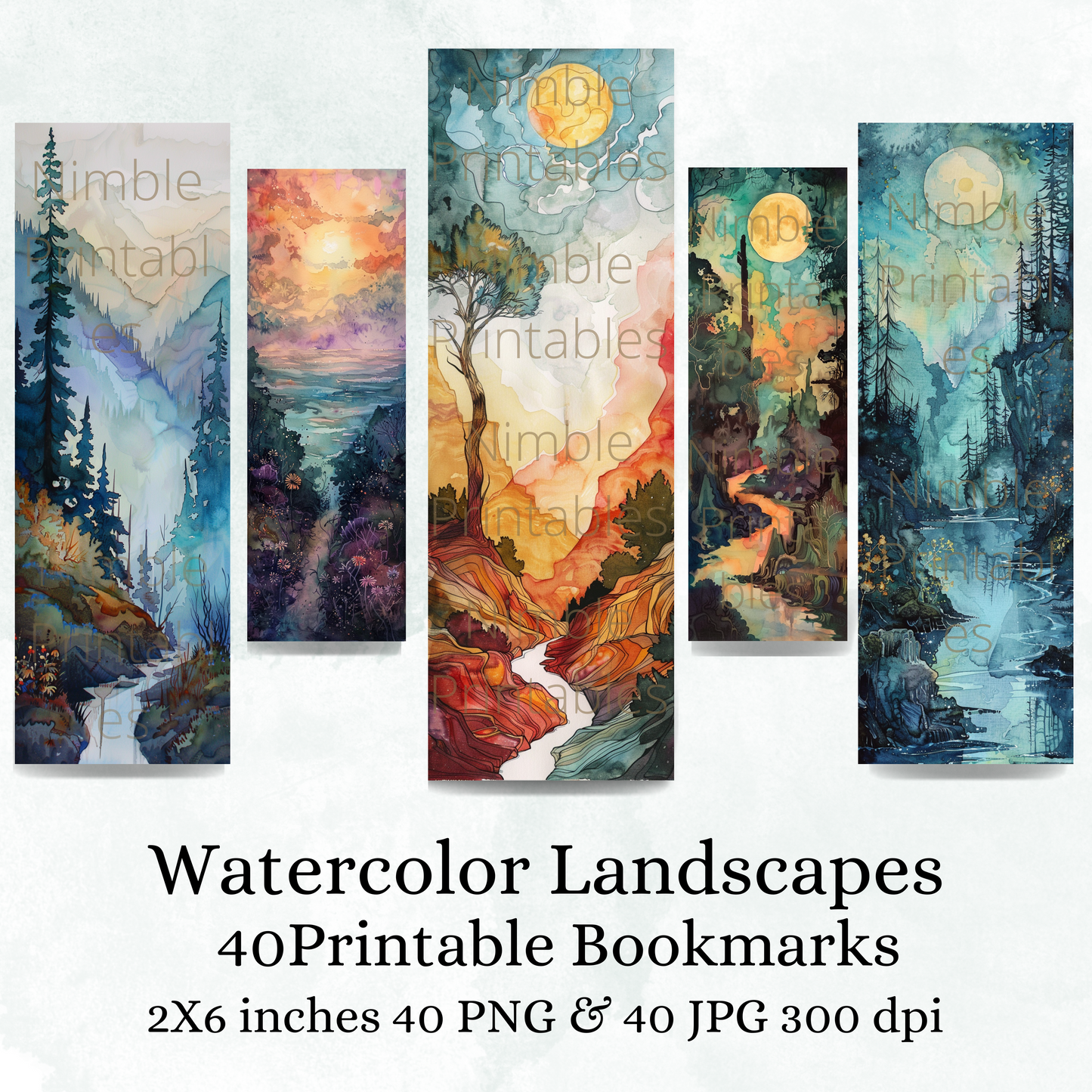 Printable Bookmarks Bundle Landscape Print, Digital Downloads, Watercolor Bookmark, 40 PNG and 40 JPG Bookmark Sublimation