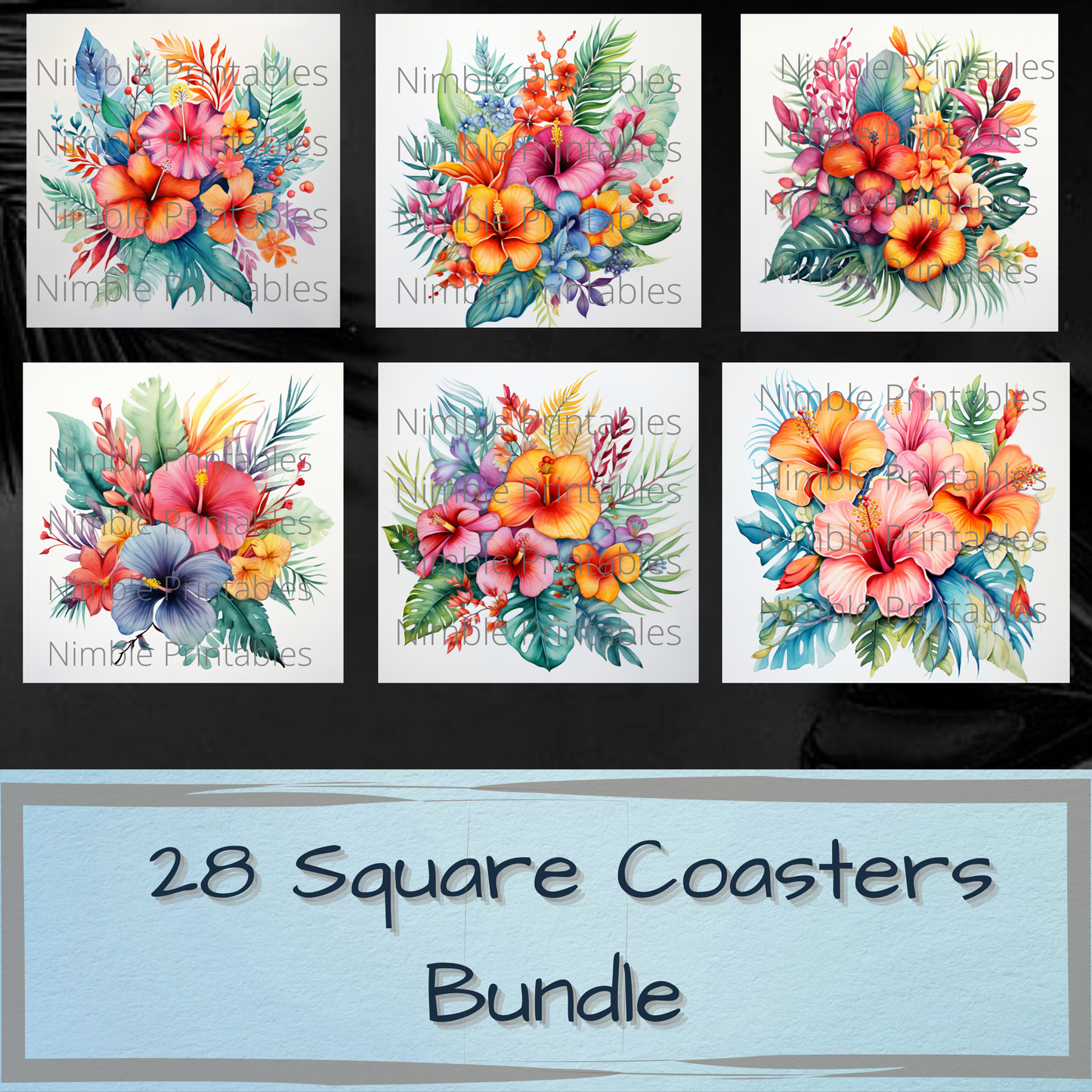 Tropical Boho Floral Square Coaster png, Coaster Bundle, Floral png, Boho png, Instant Downloads Sublimation Design