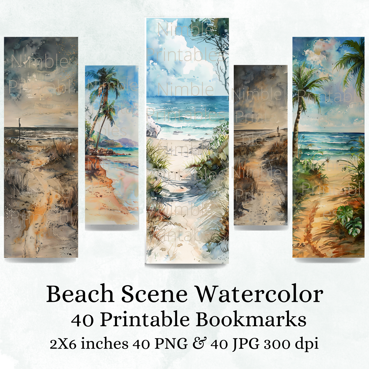 Printable Bookmarks Bundle Beach Theme, Digital Downloads, Watercolor Bookmark, 40 PNG and 40 JPG Bookmark Sublimation
