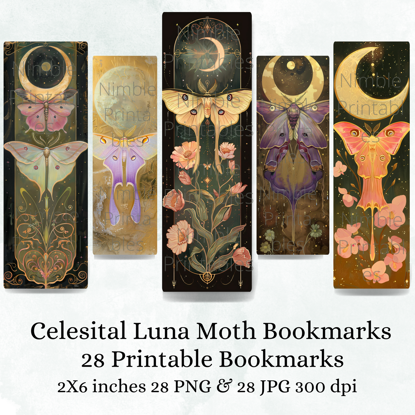 Printable Bookmarks Bundle Celestial Luna Moth, Digital Downloads, Watercolor Bookmark, 28 PNG and 28 JPG Bookmark Sublimation