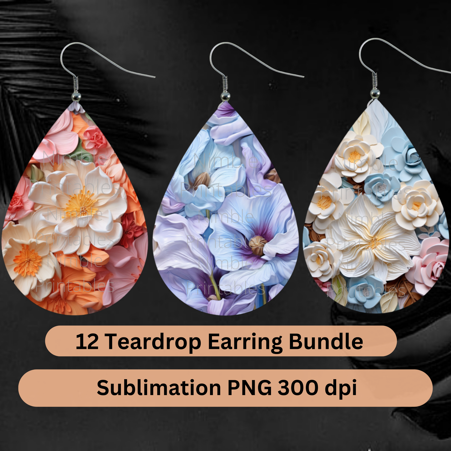 3D Floral Teardrop Earrings PNG Sublimation Earring Designs Teardrop Earring Sublimation Digital Download Instant Download Floral PNG