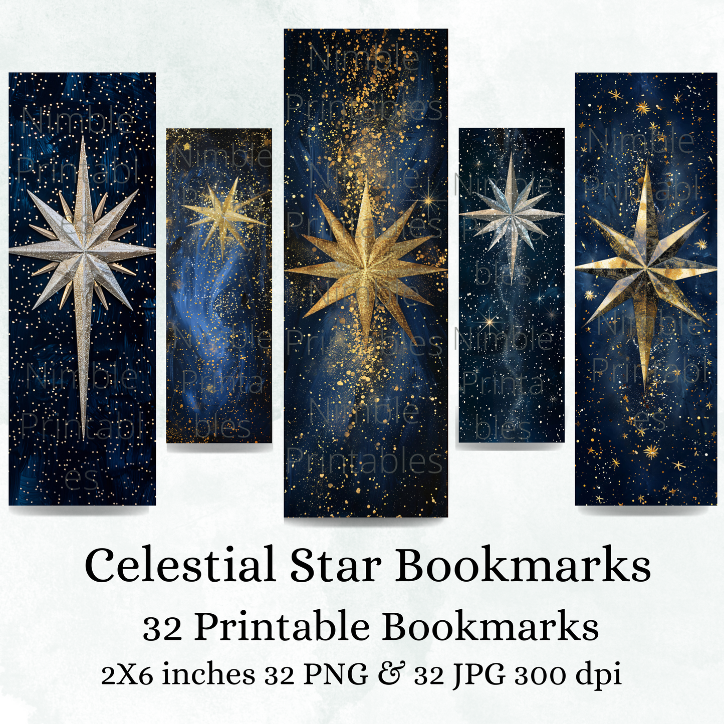 Printable Bookmarks Bundle Celestial Stars, Digital Downloads, Watercolor Bookmark, 32 PNG and 32 JPG Bookmark Sublimation Star PNG
