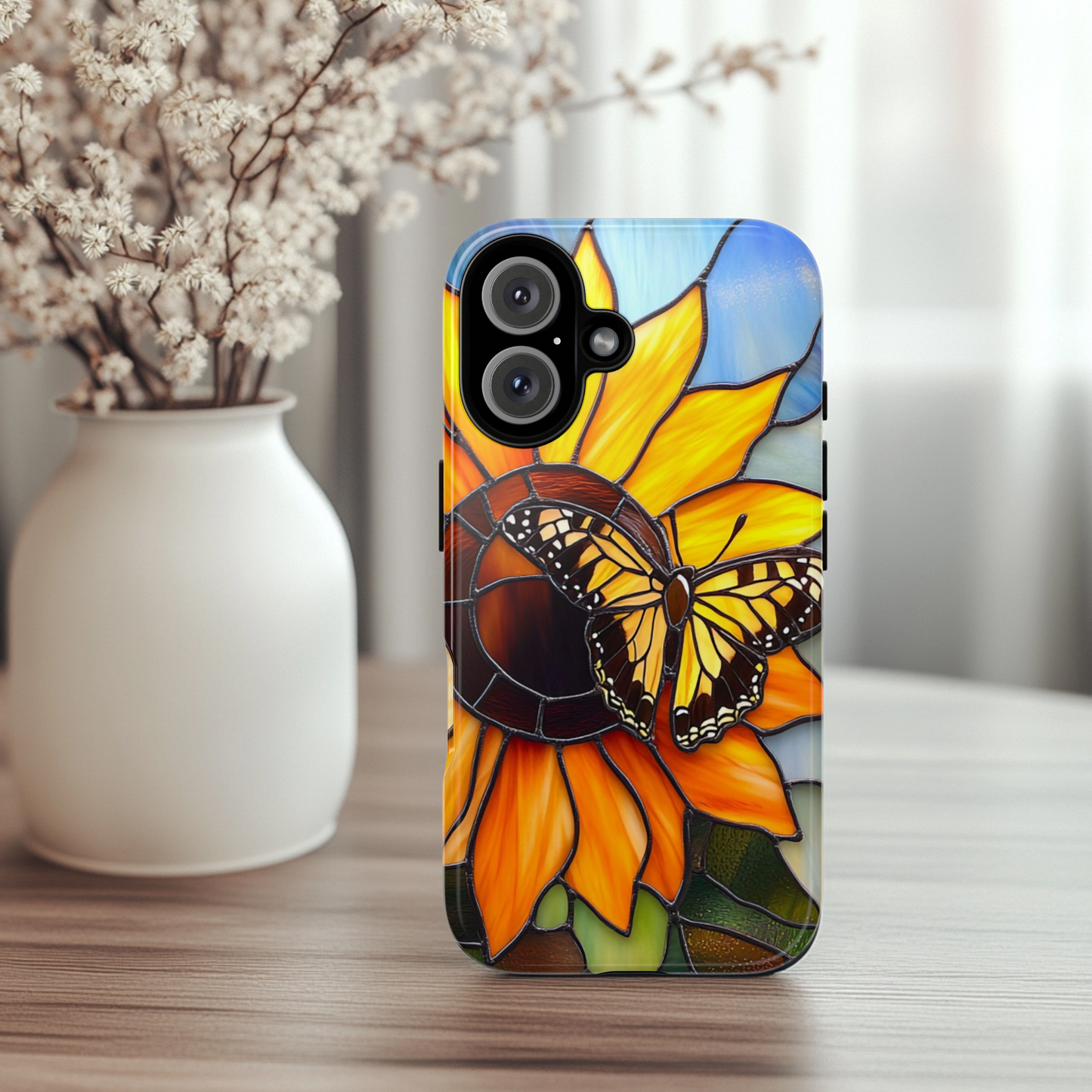 Stained Glass Sunflower and Butterfly Phone Case - Floral gift for mom