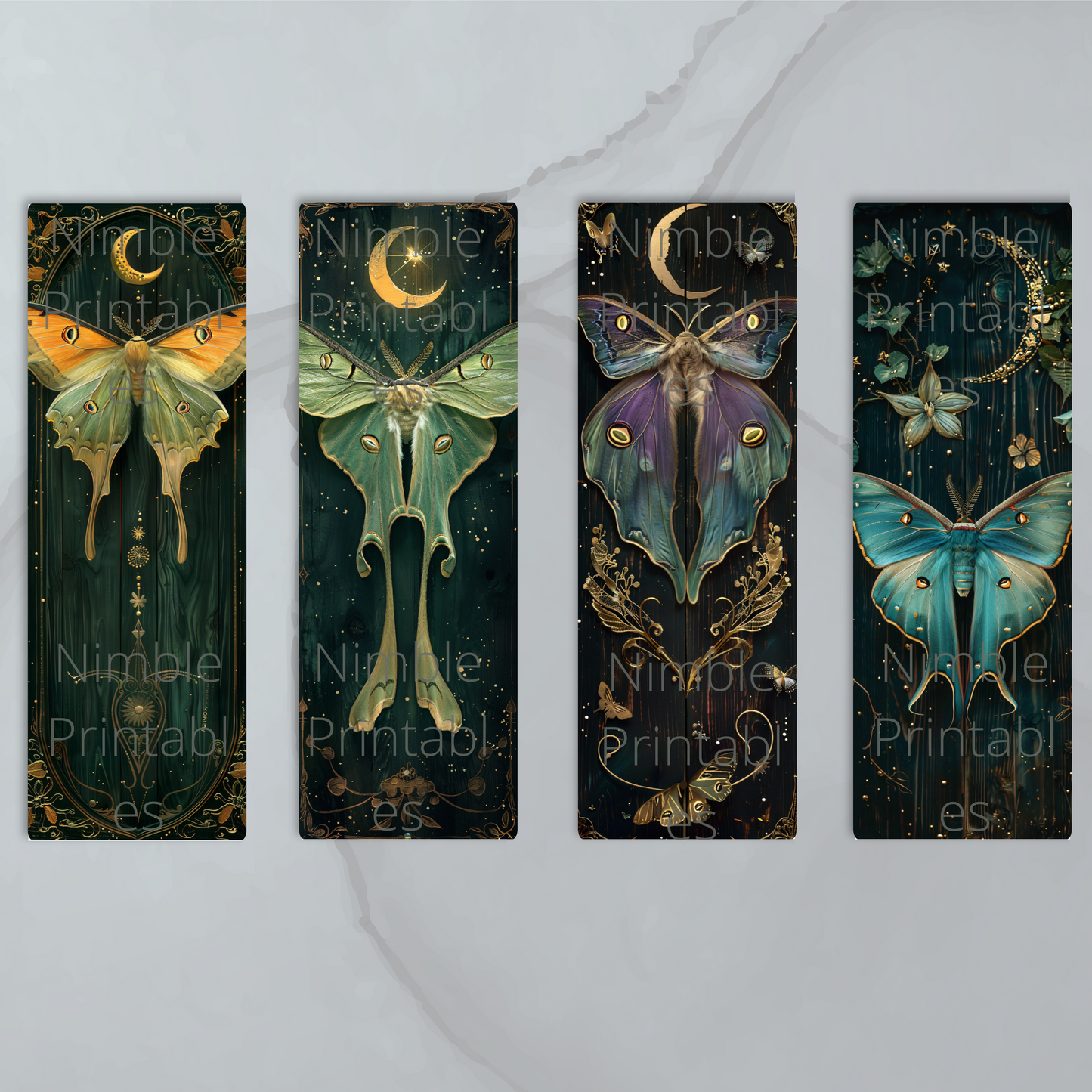 Printable Bookmarks Bundle Celestial Luna Moth, Digital Downloads, Watercolor Bookmark, 52 PNG and 52 JPG Bookmark Sublimation
