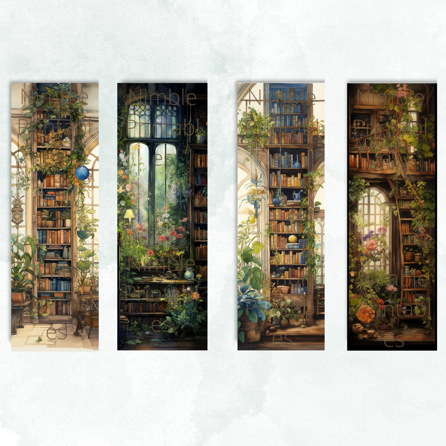 Printable Bookmarks Bundle Botanical Academia, Fantasy Bookmarks Digital Downloads, Watercolor Bookmark 25 PNG & 25 JPG Bookmark Sublimation