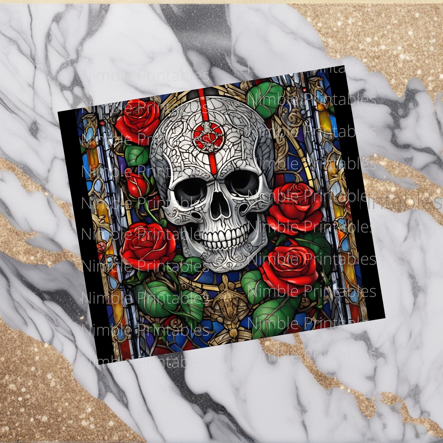 Skull With Roses Tumbler Wrap Stained Glass Tumbler Design Halloween PNG Stained Glass Skull Digital Download Gothic 20oz Skinny Tumbler