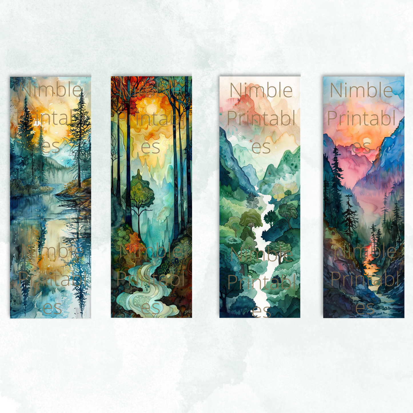 Printable Bookmarks Bundle Landscape Print, Digital Downloads, Watercolor Bookmark, 40 PNG and 40 JPG Bookmark Sublimation