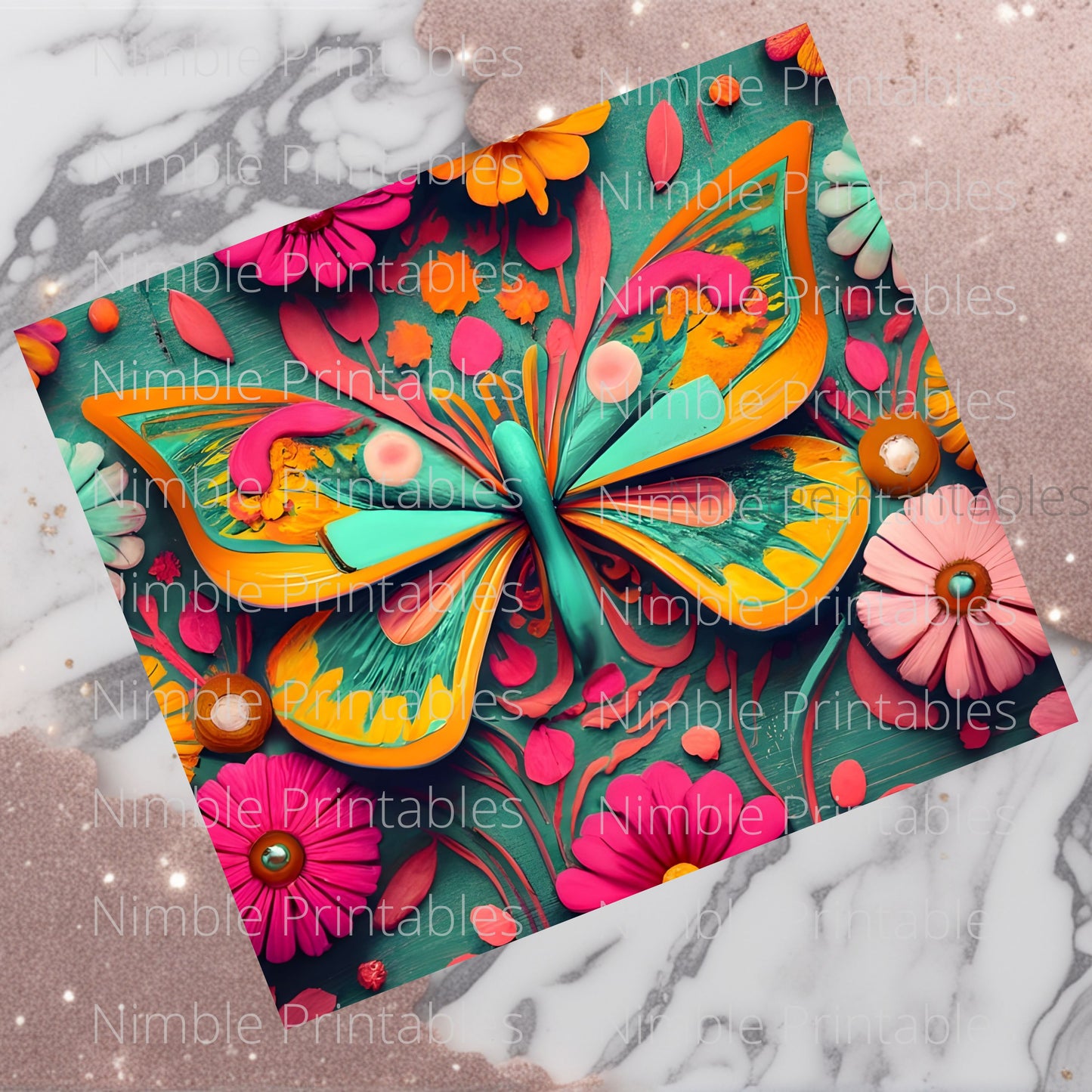 Butterfly Tumbler Wrap 3D Design Boho Pink and Teal Tumbler Sublimation 20oz Skinny Tumbler Digital Download PNG Straight Skinny Tumbler