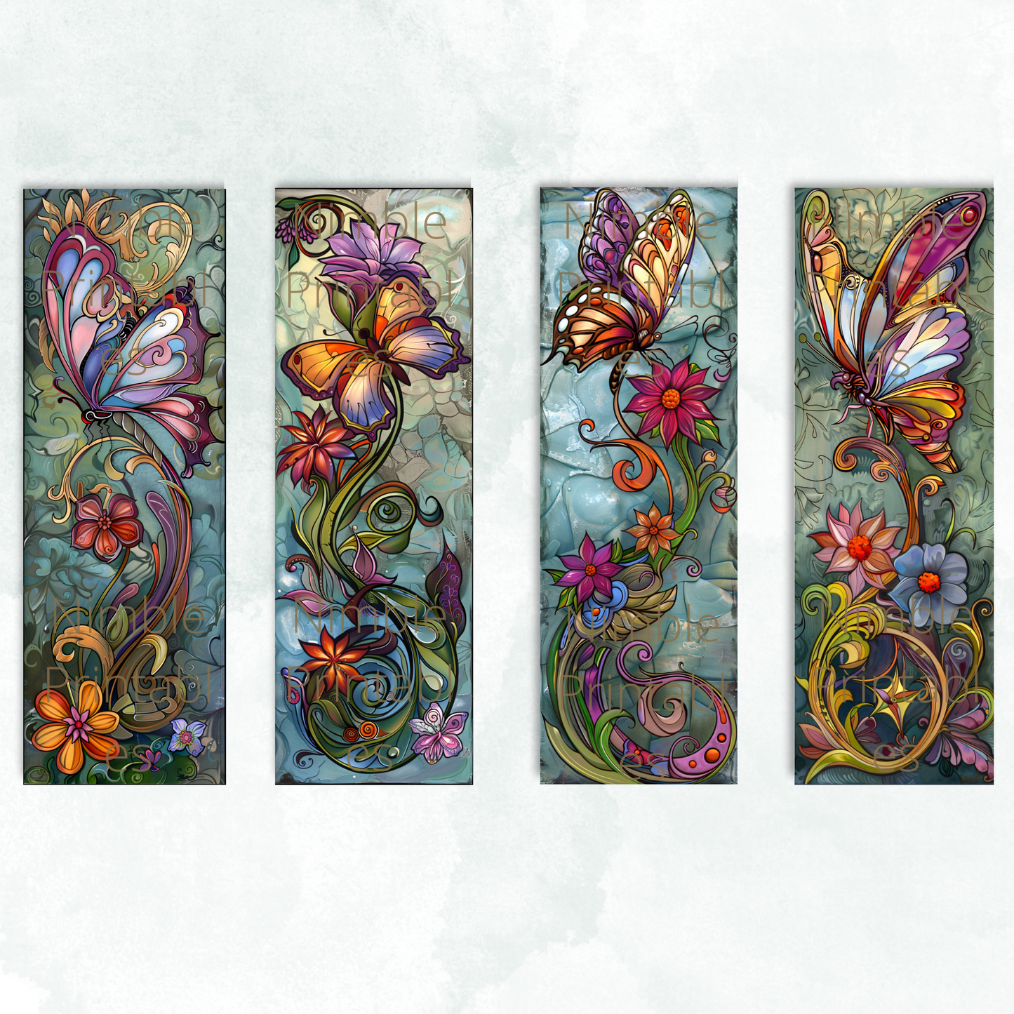 Printable Bookmarks Bundle Fantasy Butterflies, Digital Downloads, Stained Glass, 40 PNG and 40 JPG Bookmark Sublimation