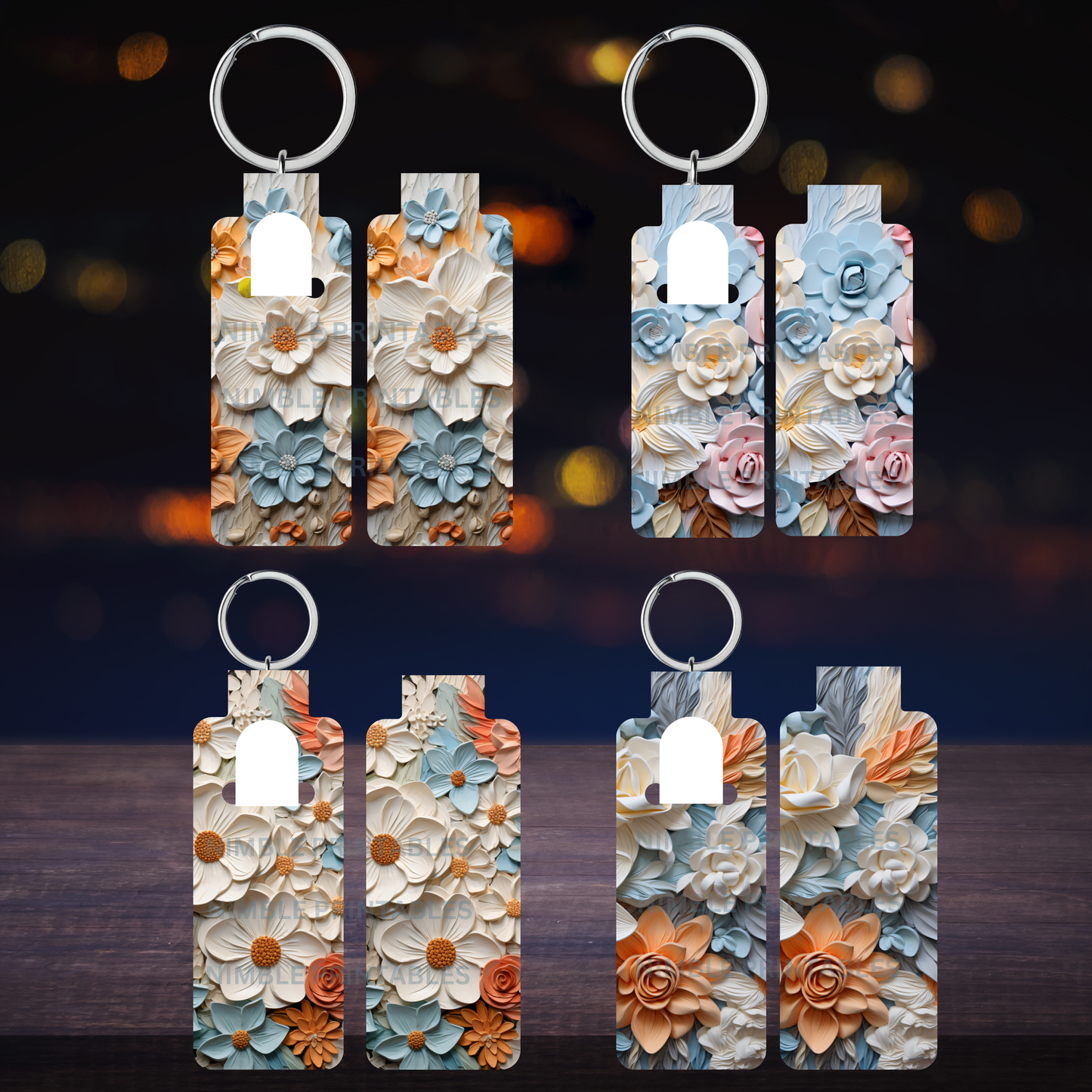 3D Floral Skinny Lip Balm Sublimation Bundle Skinny Lip Balm Holder PNG Key Ring Tag Fob Digital Downloads, Instant Download