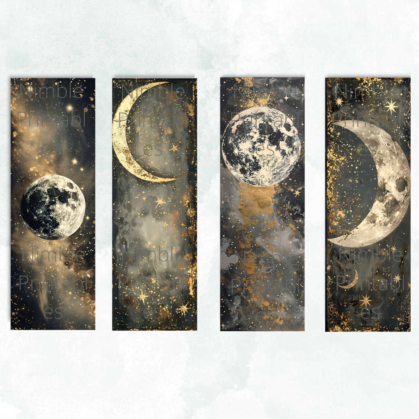 Printable Bookmarks Bundle Celestial Moon, Digital Downloads, Watercolor Bookmark, 42 PNG & 42 JPG Bookmark Sublimation, Star and Moon PNG