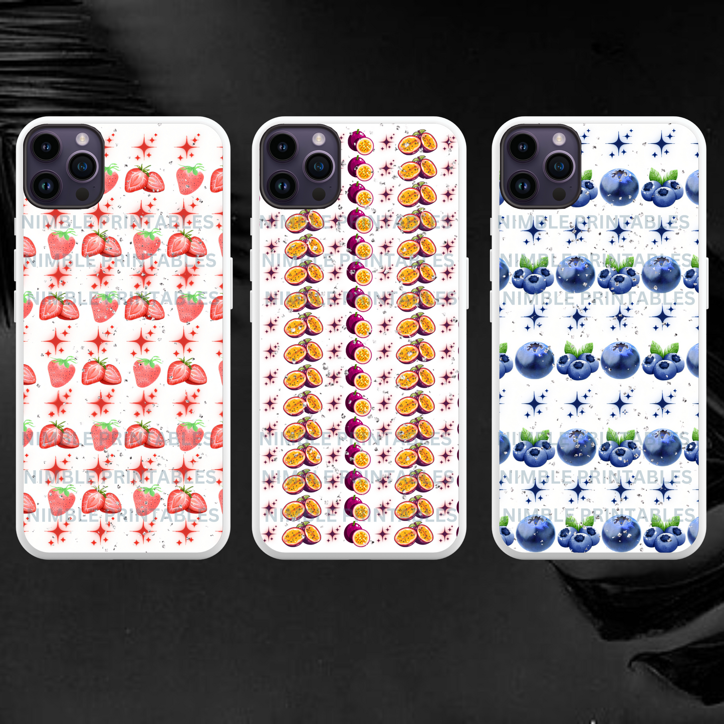 Fruit Print Sublimation Phone Case PNG, Phone Case Design Digital Download Cherry PNG, Passion Fruit PNG, Lemon png, Orange png, Glitter png