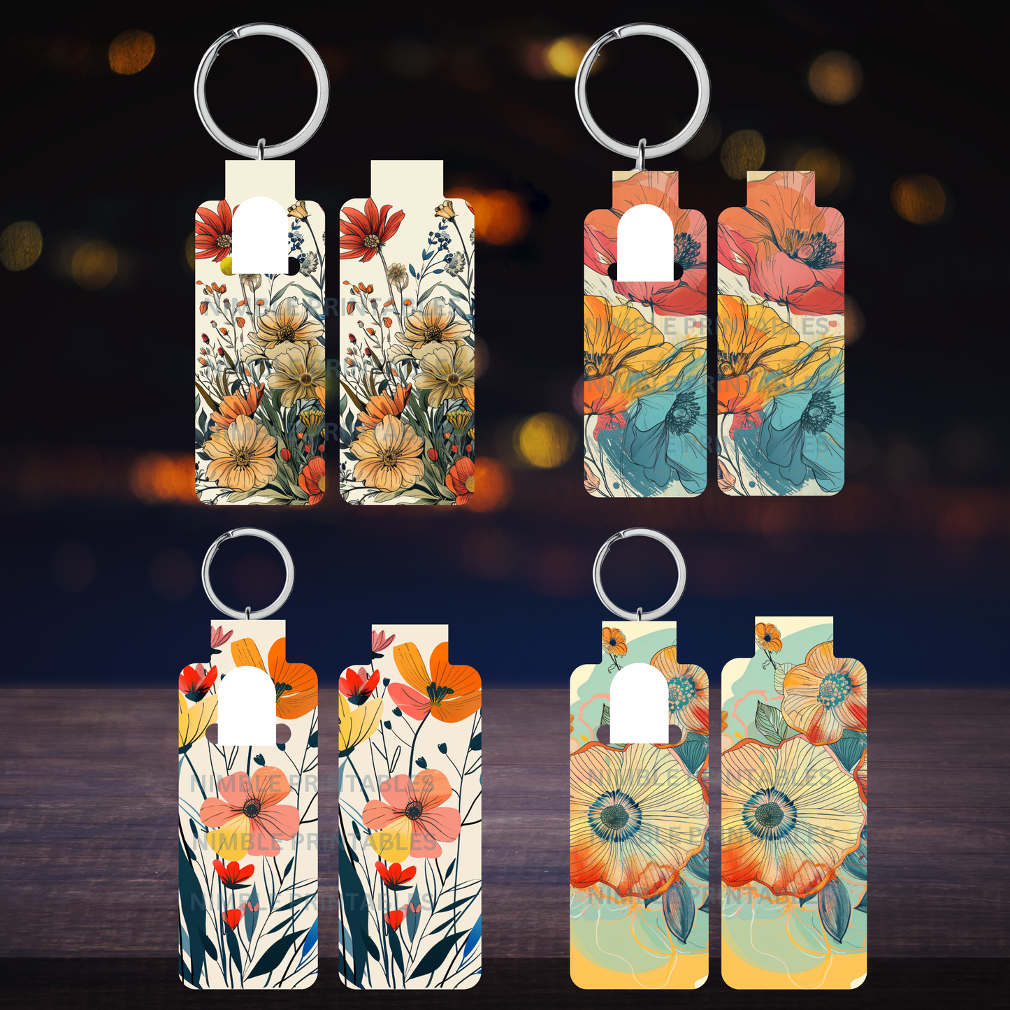 Vintage Boho Floral Skinny Lip Balm Sublimation Bundle Skinny Lip Balm Holder PNG Key Ring Tag Fob Digital Downloads, Instant Download