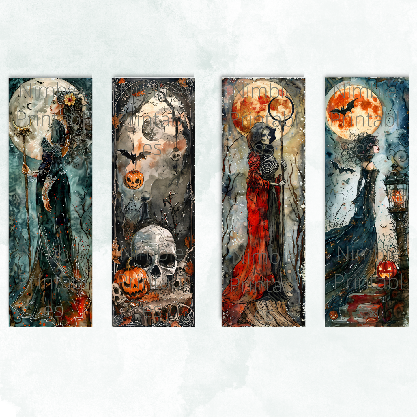 Printable Bookmarks Bundle Halloween Watercolor, Digital Downloads, 29 PNG and 29 JPG Bookmark Sublimation Fantasy png, Dark Academia png