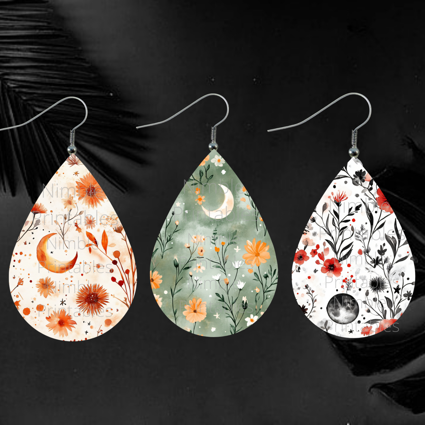Celestial Wildflower Bundle Teardrop Earring PNG Earrings Sublimation Earring Designs Digital Download Instant Download Moon PNG, Floral PNG