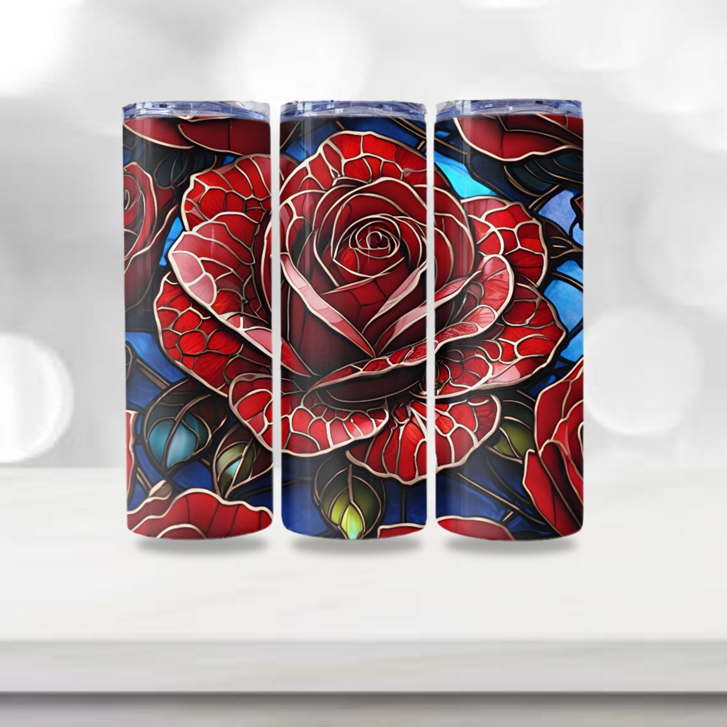 Rose Stained Glass Tumbler Wrap 20oz Skinny Tumbler Sublimation Design Digital Download PNG Tumbler Skinny Tumbler Red Rose Stained Glass