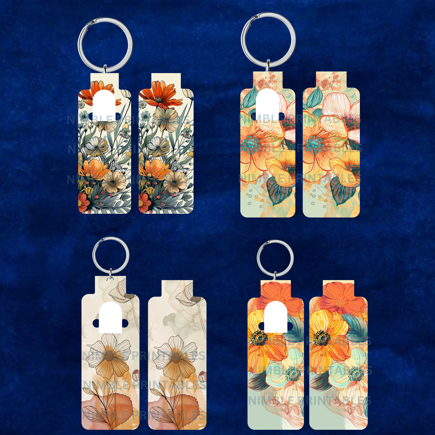 Vintage Boho Floral Skinny Lip Balm Sublimation Bundle Skinny Lip Balm Holder PNG Key Ring Tag Fob Digital Downloads, Instant Download