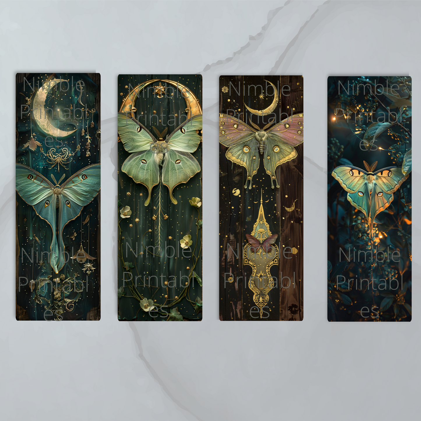 Printable Bookmarks Bundle Celestial Luna Moth, Digital Downloads, Watercolor Bookmark, 52 PNG and 52 JPG Bookmark Sublimation