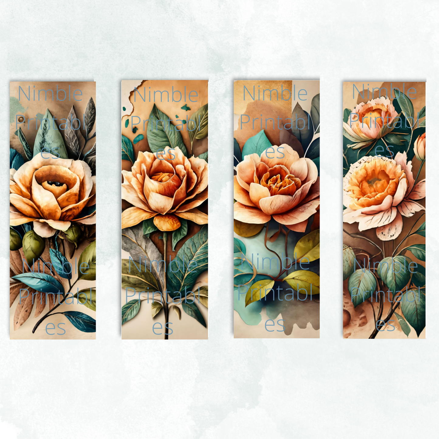 Printable Bookmarks Bundle Vintage Floral, Digital Download, Printable Bookmark Set, 25 PNG and 25 JPG Bookmark Sublimation