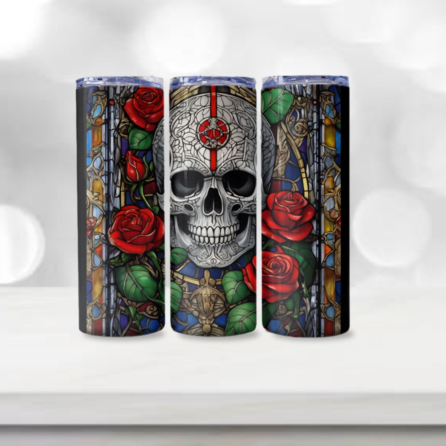 Skull With Roses Tumbler Wrap Stained Glass Tumbler Design Halloween PNG Stained Glass Skull Digital Download Gothic 20oz Skinny Tumbler
