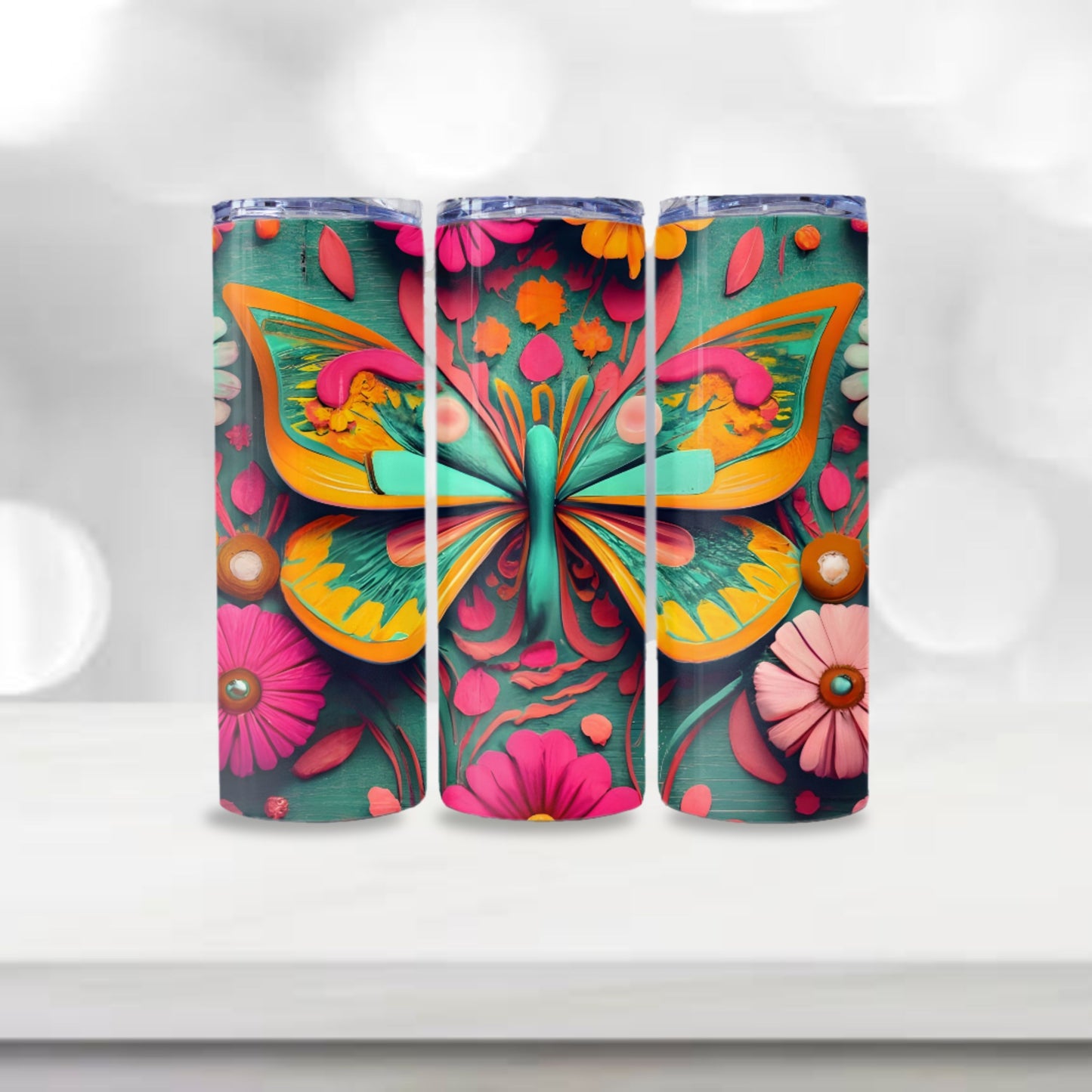 Butterfly Tumbler Wrap 3D Design Boho Pink and Teal Tumbler Sublimation 20oz Skinny Tumbler Digital Download PNG Straight Skinny Tumbler