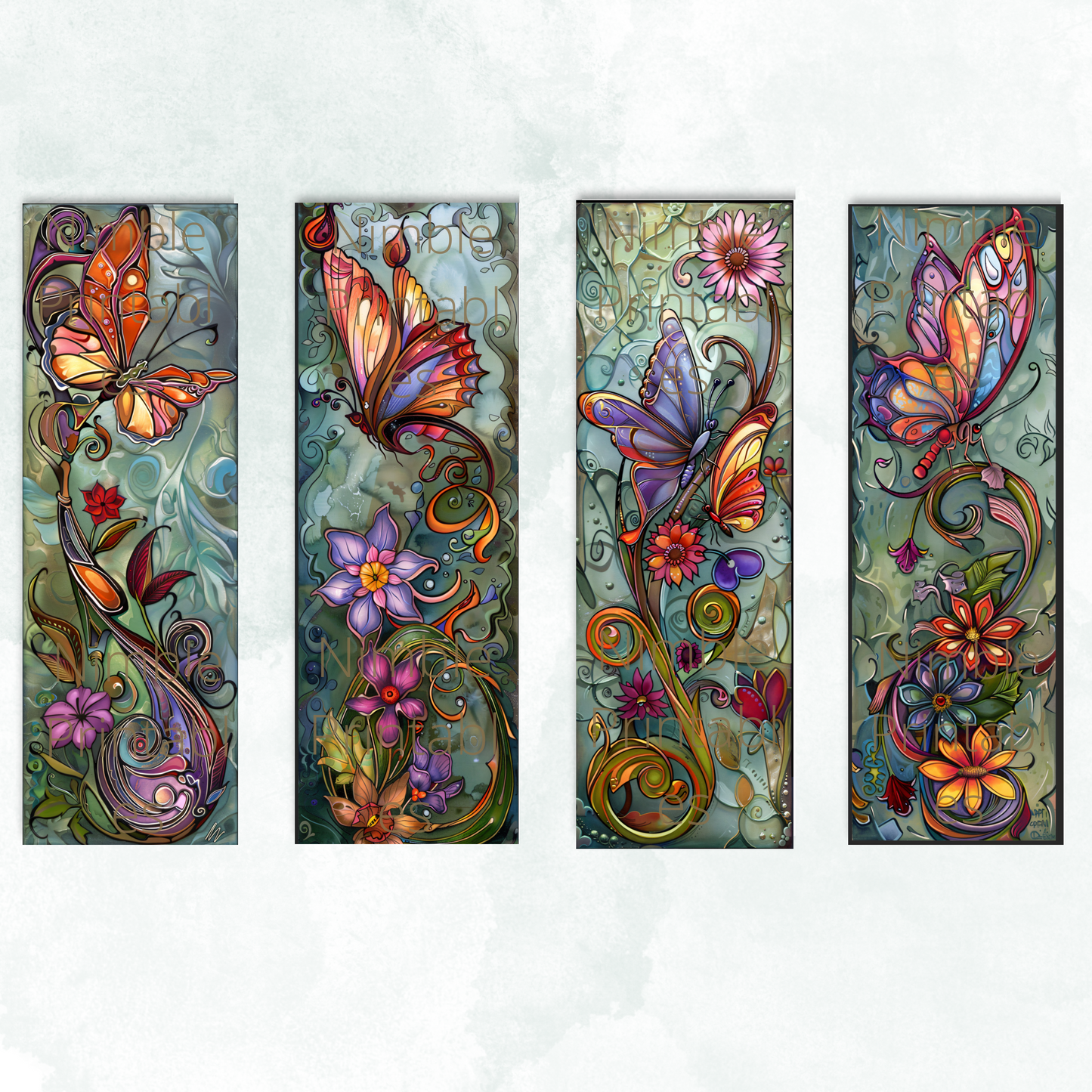 Printable Bookmarks Bundle Fantasy Butterflies, Digital Downloads, Stained Glass, 40 PNG and 40 JPG Bookmark Sublimation