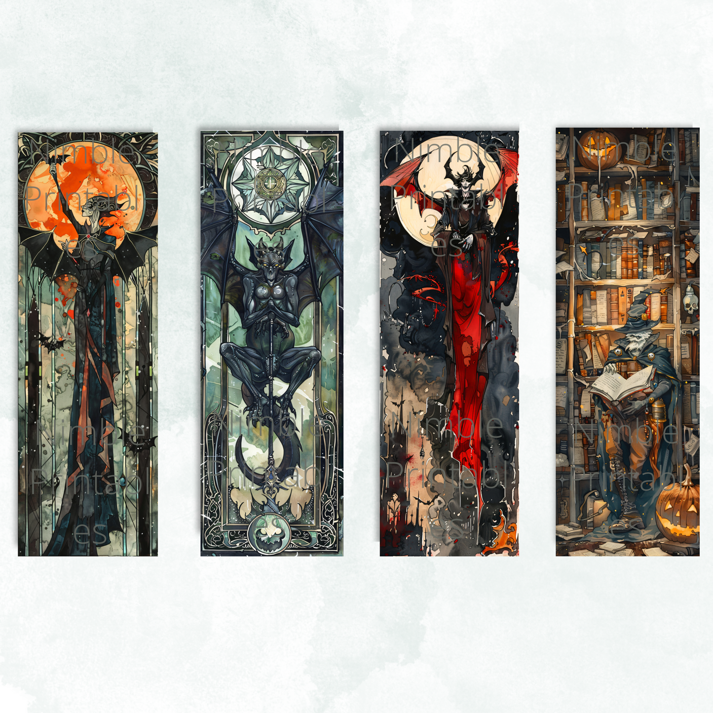 Printable Bookmarks Bundle Halloween Watercolor, Digital Downloads, 29 PNG and 29 JPG Bookmark Sublimation, Fantasy png, Dark Academia png