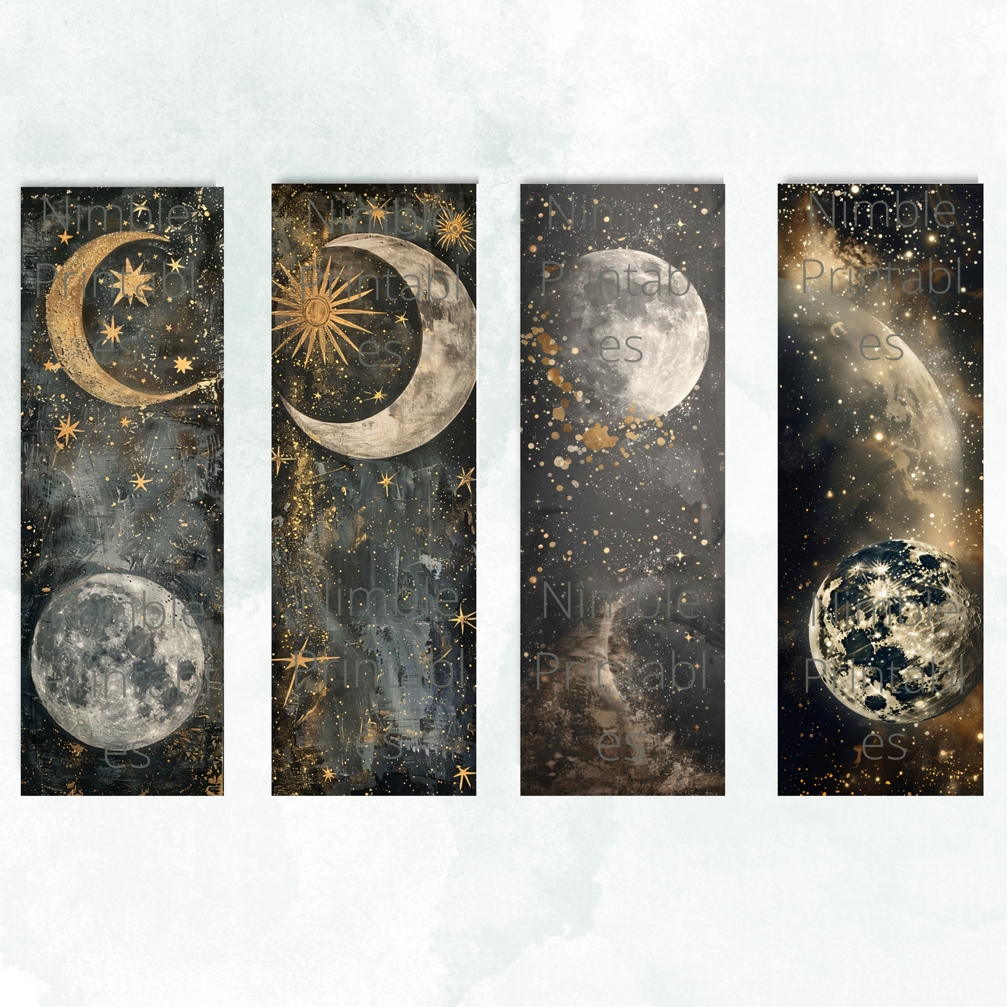 Printable Bookmarks Bundle Celestial Moon, Digital Downloads, Watercolor Bookmark, 42 PNG & 42 JPG Bookmark Sublimation, Star and Moon PNG