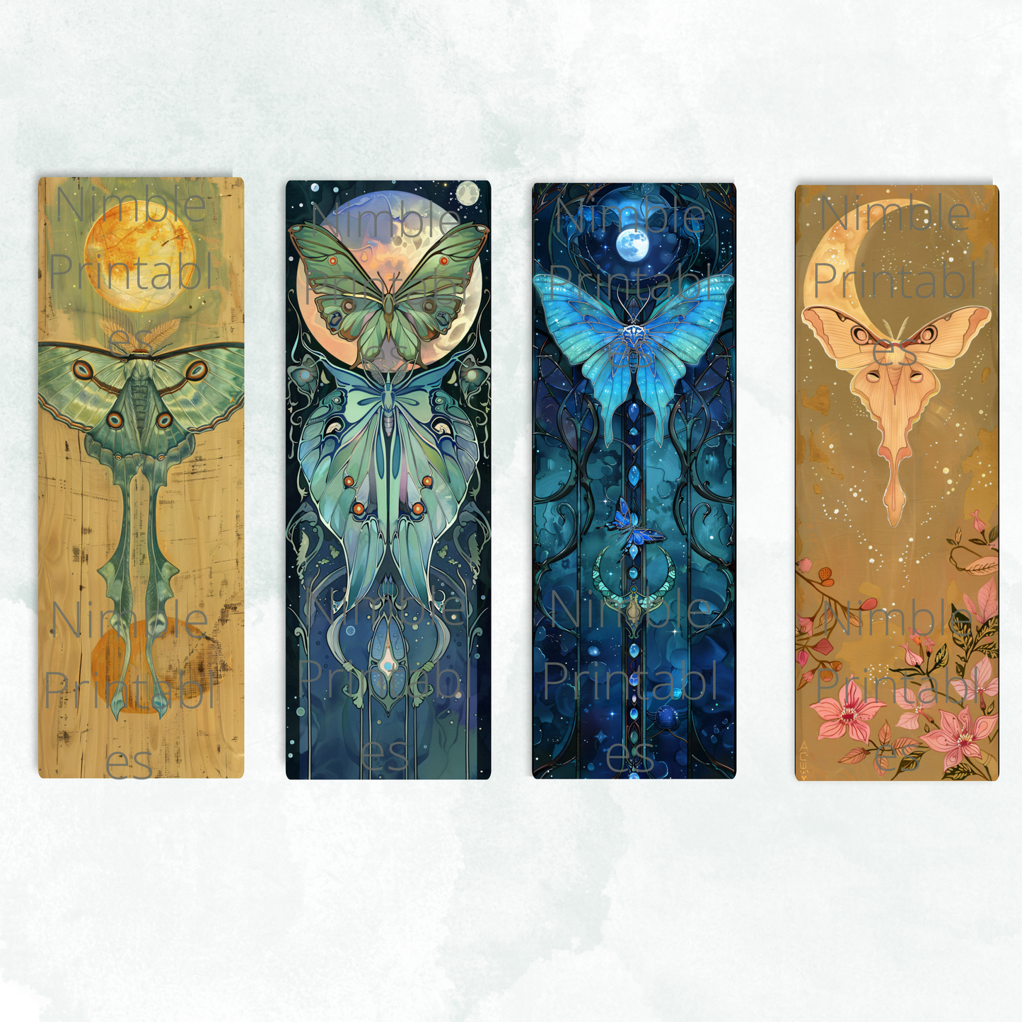 Printable Bookmarks Bundle Celestial Luna Moth, Digital Downloads, Watercolor Bookmark, 28 PNG and 28 JPG Bookmark Sublimation
