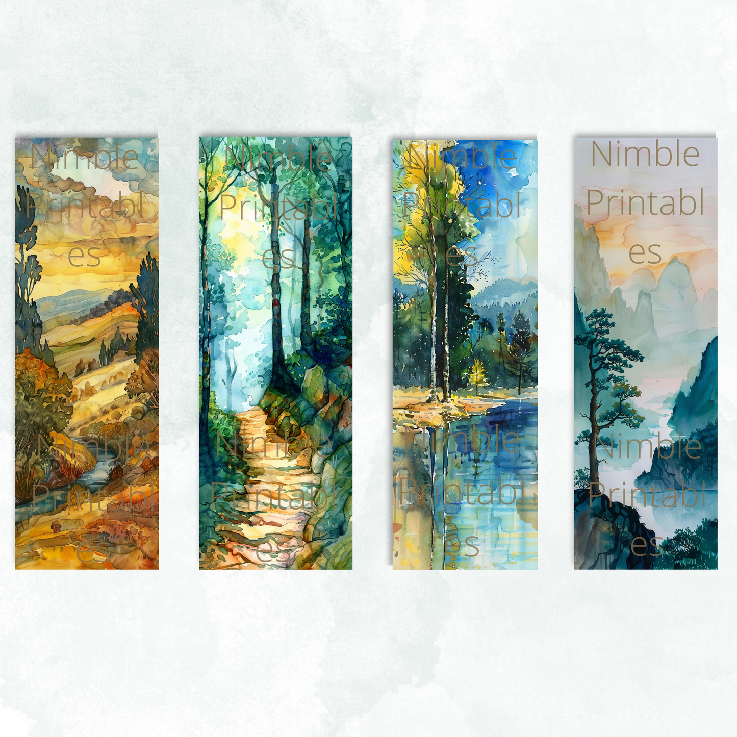 Printable Bookmarks Bundle Landscape Print, Digital Downloads, Watercolor Bookmark, 40 PNG and 40 JPG Bookmark Sublimation