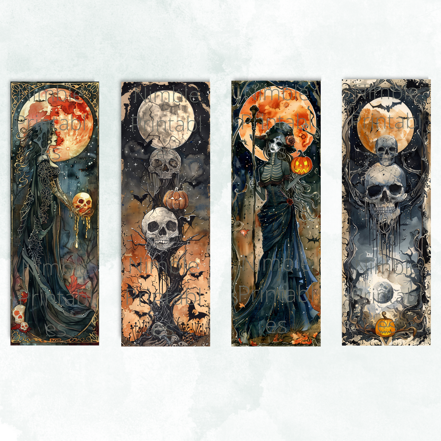 Printable Bookmarks Bundle Halloween Watercolor, Digital Downloads, 29 PNG and 29 JPG Bookmark Sublimation Fantasy png, Dark Academia png