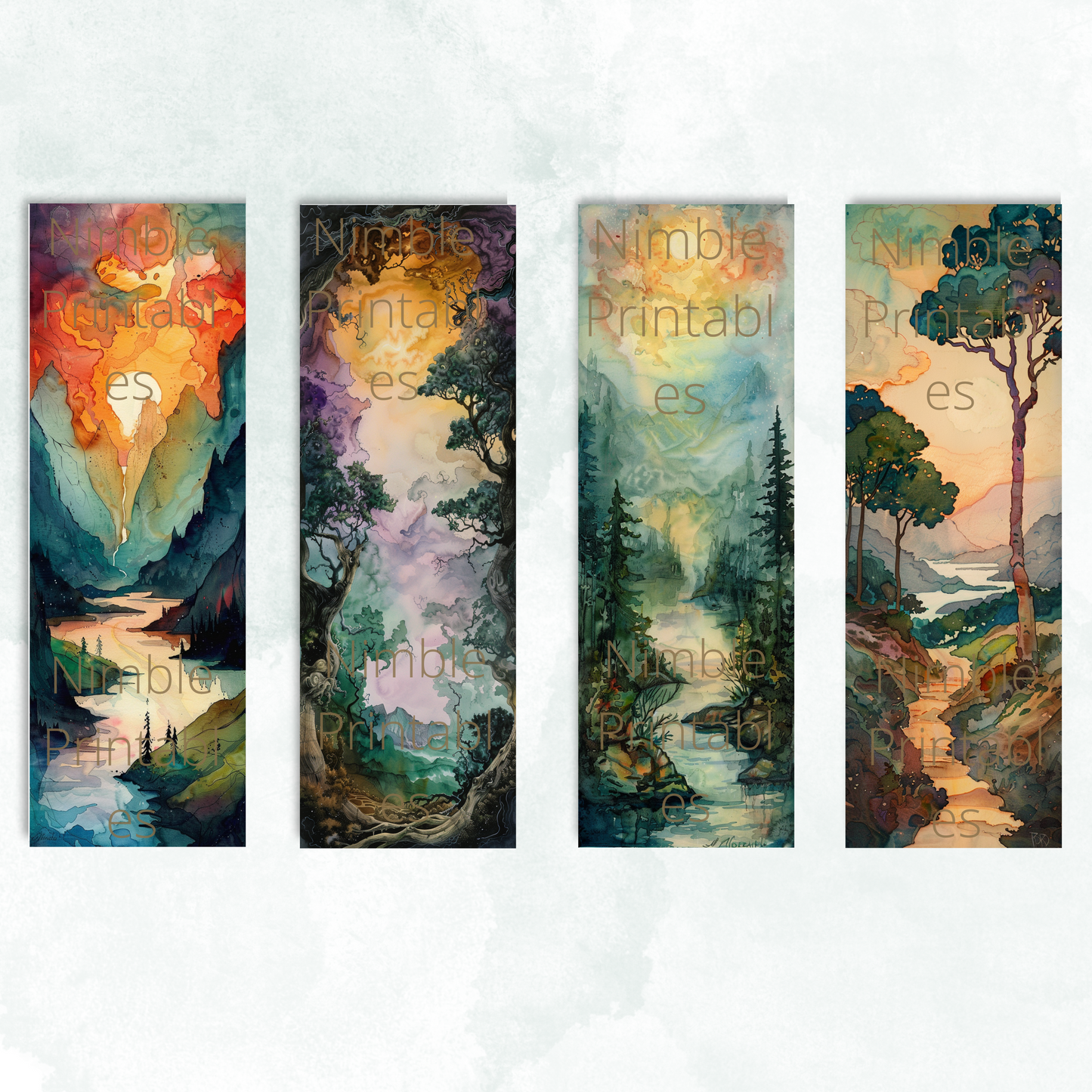Printable Bookmarks Bundle Landscape Print, Digital Downloads, Watercolor Bookmark, 40 PNG and 40 JPG Bookmark Sublimation