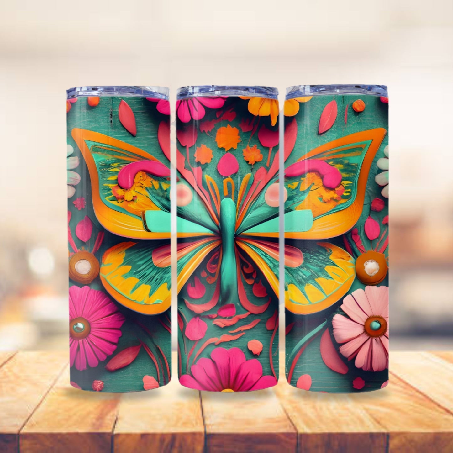 Butterfly Tumbler Wrap 3D Design Boho Pink and Teal Tumbler Sublimation 20oz Skinny Tumbler Digital Download PNG Straight Skinny Tumbler