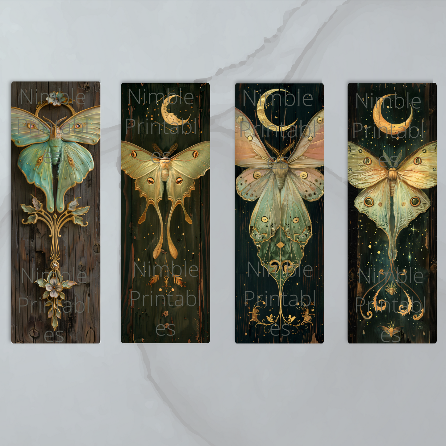 Printable Bookmarks Bundle Celestial Luna Moth, Digital Downloads, Watercolor Bookmark, 52 PNG and 52 JPG Bookmark Sublimation